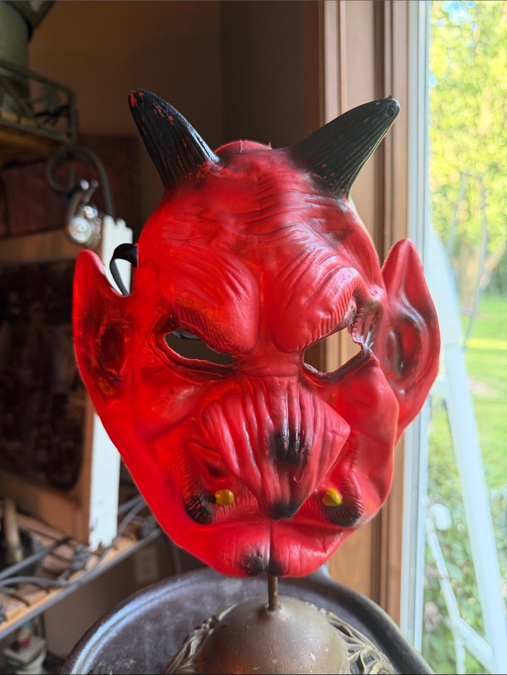 Vtg Red DEVIL face Halloween mask Demon LUCIFER Horns Satan